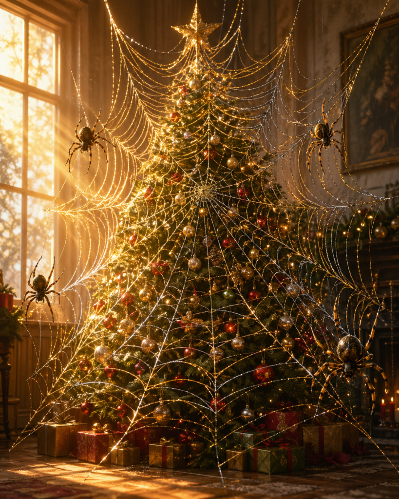 X'mas tree, spiders, and tinsel