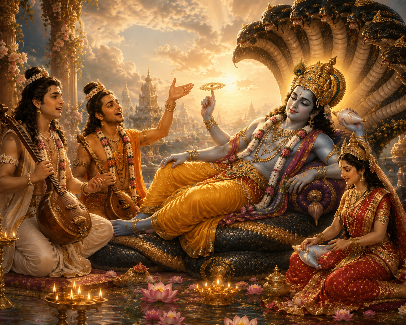 Tumburu and Narada sing for Vishnu